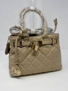 NWT Badgley Mischka Quilted Beige Top-Handle Small Satchel